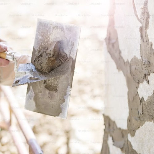 Person applying mortar to stone on a home.